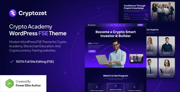 Cryptozet – Crypto & Blockchain Academy Gutenverse FSE WordPress Block Theme WordPress theme homepage layout for a blockchain education website