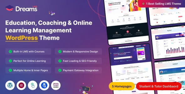 Dreams LMS - eLearning, Online Course & Education WordPress Theme WordPress theme homepage layout for a course management education website