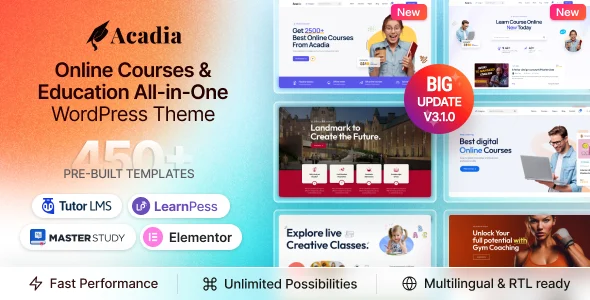 Education WordPress Theme - Acadia WordPress theme homepage layout for a academy education website