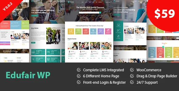 Edufair - Multipurpose WordPress Theme For Education WordPress theme homepage layout for a academy education website