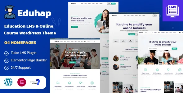Eduhap - Education LMS WordPress Theme WordPress theme homepage layout for a college education website