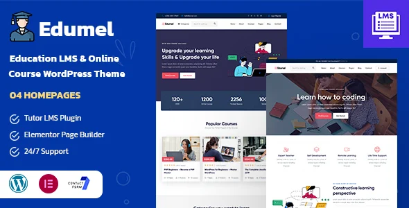 Edumel- Education LMS WordPress Theme WordPress theme homepage layout for a academy education website