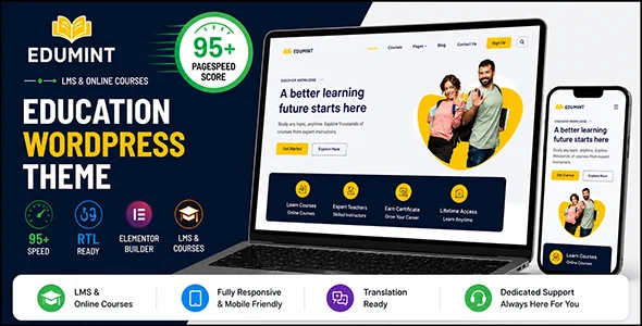 Edumint – LMS, Online Courses, Education WordPress Theme WordPress theme homepage layout for a courses education website