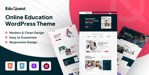 EduQuest – Education LMS WordPress Theme WordPress theme homepage layout for a e-learning education website