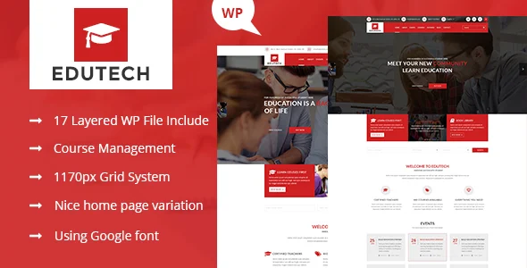 Edutech - Education WordPress Theme WordPress theme homepage layout for a classes education website