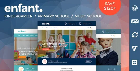 Enfant - School and Kindergarten WordPress Theme WordPress theme homepage layout for a child education website