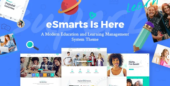 eSmarts - Education & LMS WordPress Theme WordPress theme homepage layout for a bulletin board education website