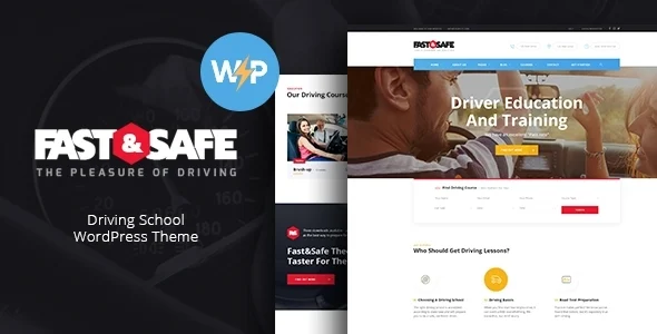 Fast & Safe | Driving School WordPress Theme WordPress theme homepage layout for a auto education website
