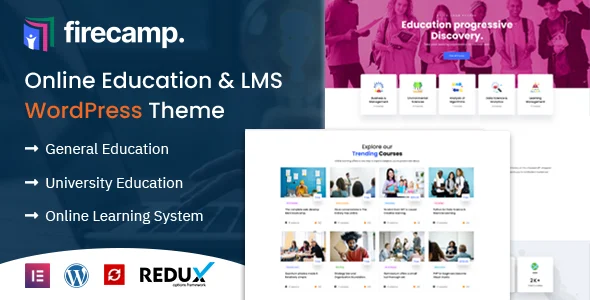 Firecamp - Education WordPress Theme WordPress theme homepage layout for a college education website