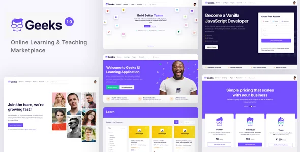 Geeks - Online Learning Marketplace WordPress Theme WordPress theme homepage layout for a academy education website