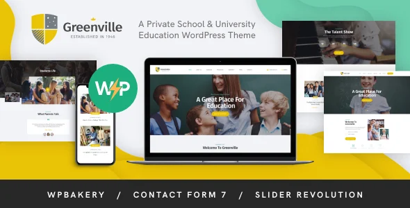 Greenville | Private School, College & University WordPress Theme WordPress theme homepage layout for a children education website