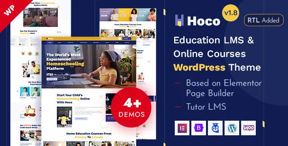 Hoco - Education LMS & Online Courses Elementor WordPress Theme WordPress theme homepage layout for a coaching education website