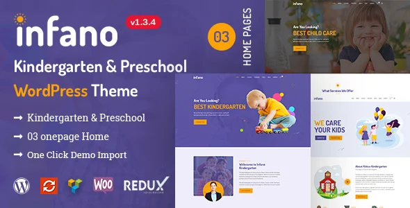 Infano - Kindergarten & Preschool WordPress Theme WordPress theme homepage layout for a arts education website