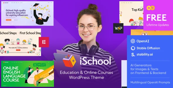 iSchool - Teaching & Online Tutoring School WordPress Theme WordPress theme homepage layout for a classes education website