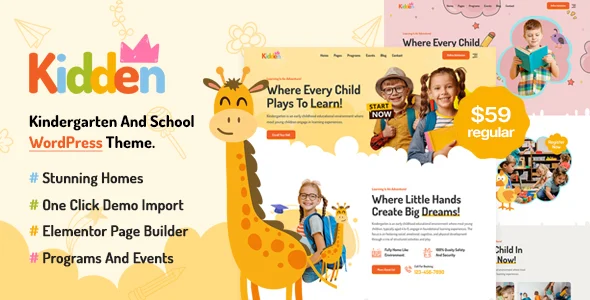 Kidden - Children Kindergarten WordPress Theme WordPress theme homepage layout for a academy education website