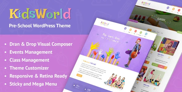 KidsWorld - Kindergarten and Child Care WordPress Theme WordPress theme homepage layout for a children education website
