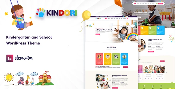 Kindori - School Kindergarten WordPress Theme WordPress theme homepage layout for a child care education website