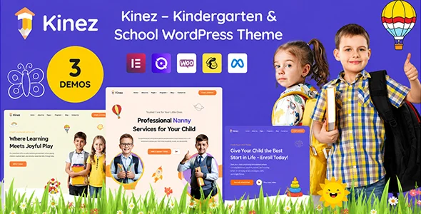 Kinez – Kindergarten, School & Online Courses WordPress Theme WordPress theme homepage layout for a child care education website