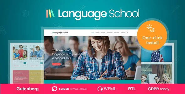 Language School - Courses & Learning Management System Education WordPress Theme WordPress theme homepage layout for a academy education website