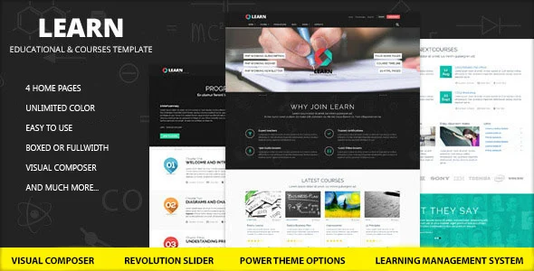 Learn - Education, eLearning WordPress Theme WordPress theme homepage layout for a courses education website