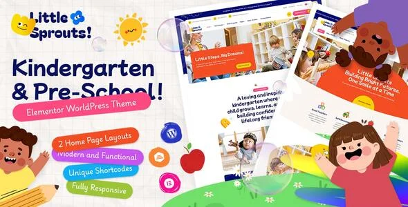 Little Sprouts – Kindergarten & Preschool WordPress Theme WordPress theme homepage layout for a baby care education website