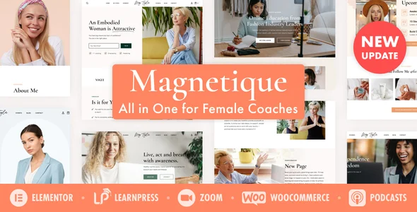 Magnetique — Coaching Online Courses WordPress WordPress theme homepage layout for a business coach education website
