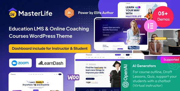 MasterLife - Education LMS & Online Coaching Courses WordPress Theme WordPress theme homepage layout for a academy education website