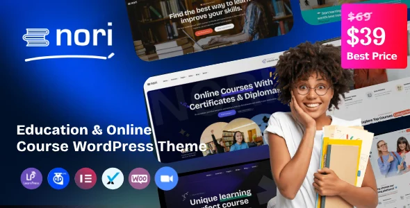 Nori - Online Courses & Education WordPress Theme WordPress theme homepage layout for a academy education website