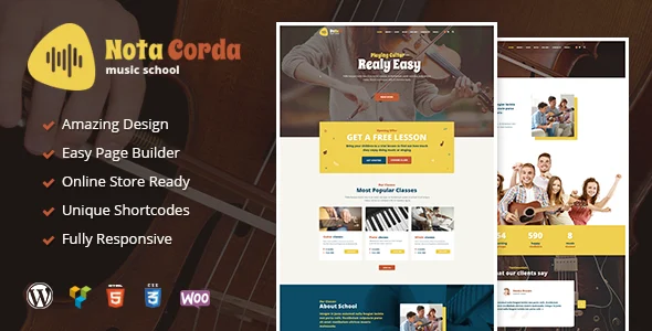 NotaCorda - Music School and Musicians WordPress Theme WordPress theme homepage layout for a art classes education website