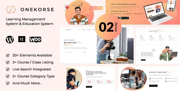 Onekorse - LMS Education Theme WordPress theme homepage layout for a classes education website
