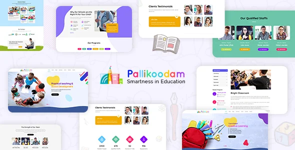 Pallikoodam - School WordPress Theme WordPress theme homepage layout for a baby education website