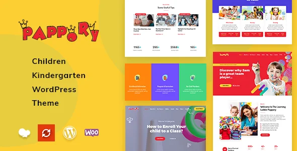 Pappory - Children Kindergarten WordPress Theme WordPress theme homepage layout for a art school education website