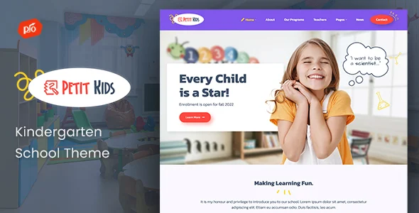 Petit - Kindergarten School WordPress Theme WordPress theme homepage layout for a baby education website