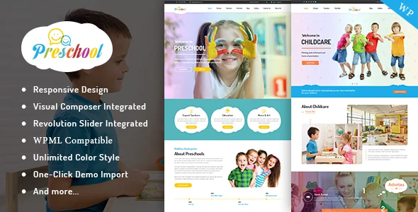 Preschool - Kindergarten & Nursery WordPress Theme WordPress theme homepage layout for a children education website
