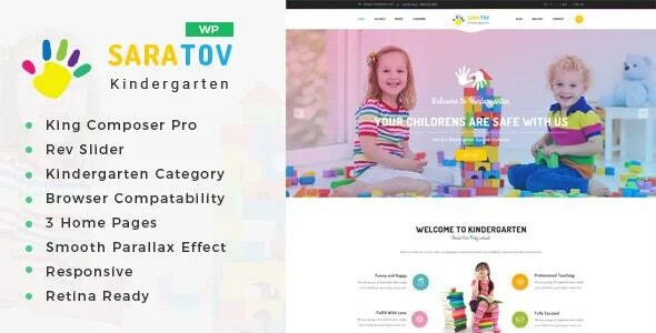 Saratov - Day Care & Kindergarten School WordPress Theme WordPress theme homepage layout for a baby care education website