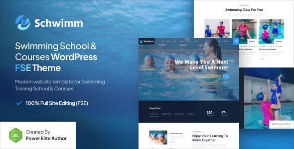 Schwimm – Swimming School & Course Gutenverse FSE WordPress Block Theme WordPress theme homepage layout for a academy education website