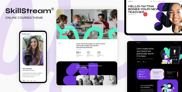 SkillStream - Online Courses and Education WordPress Theme WordPress theme homepage layout for a audio education website