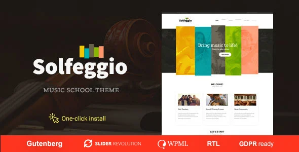Solfeggio -  Music School Theme WordPress theme homepage layout for a classes education website