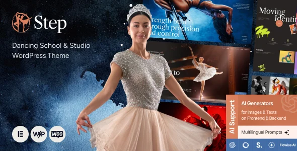 Step - Dancing School & Studio WordPress Theme WordPress theme homepage layout for a ballet education website