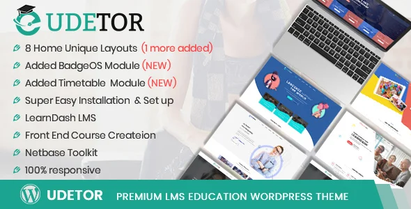 Udetor - LMS Education WordPress Theme WordPress theme homepage layout for a academy education website