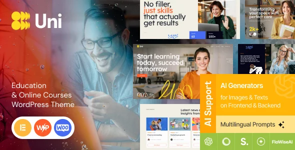 Uni - College, School & Online Courses WordPress Theme WordPress theme homepage layout for a academy education website
