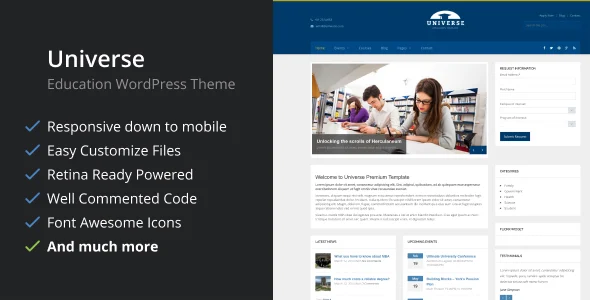 Universe - Education Responsive WordPress Theme WordPress theme homepage layout for a academic education website