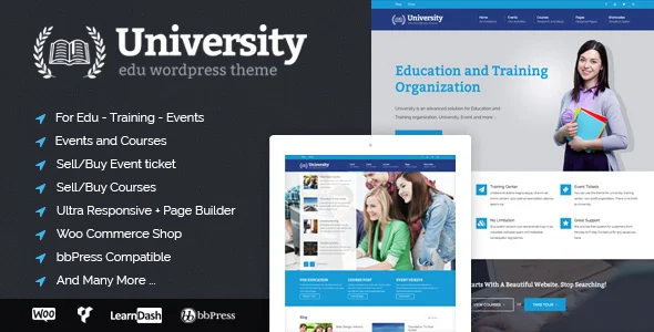 University - Education, Event and Course Theme WordPress theme homepage layout for a business education website