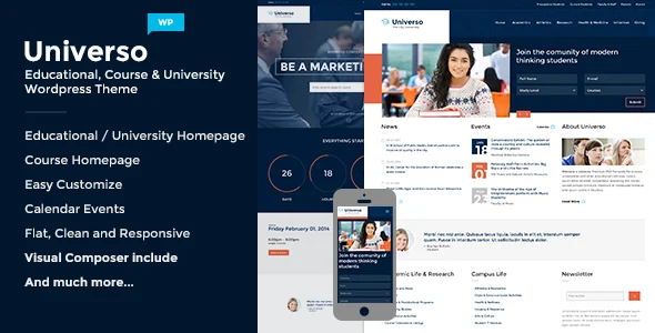 Universo - Powerful Education, Courses & Events WordPress theme homepage layout for a college education website
