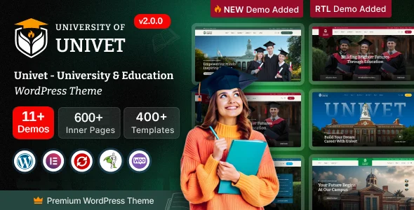 Univet – University Education WordPress Theme WordPress theme homepage layout for a academy education website