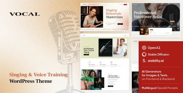 Vocal - Singing, Voice Artist & Sound Recording WordPress Theme + Online Store WordPress theme homepage layout for a audiobook editing education website