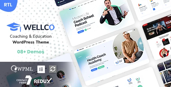 Wellco - Coaching & Online Courses WordPress Theme WordPress theme homepage layout for a business education website