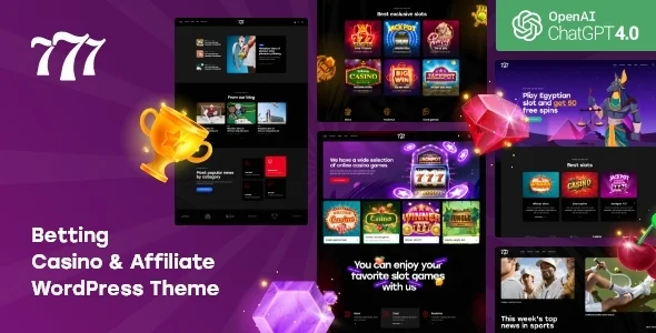 777 - Betting, Casino & Affiliate WordPress Theme WordPress theme homepage layout for a affiliate entertainment website