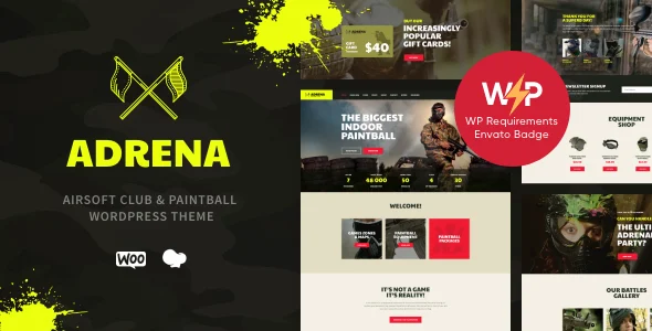 Adrena | Strikeball Club & Paintball Shooting WordPress Theme WordPress theme homepage layout for a airsoft club entertainment website