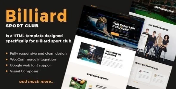 Billiard - Creative Sporting  WordPress Theme WordPress theme homepage layout for a billiard entertainment website